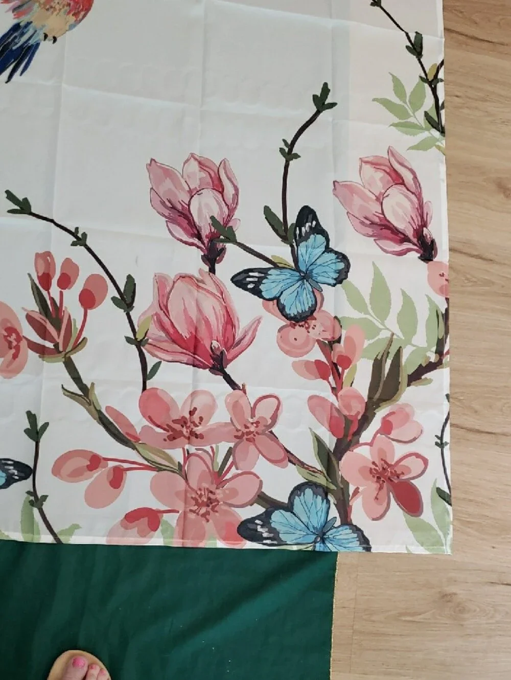 NEW Shower Curtain Allenjoy Pink Floral & Hummingbirds on White & Butterflies